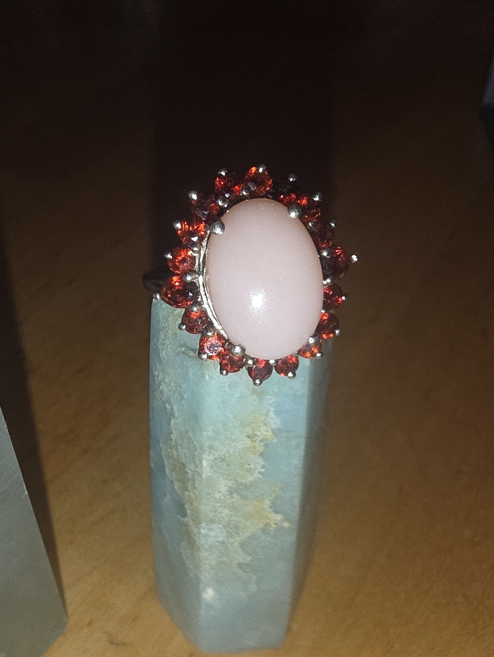 Pink Opal & Red Garnet Halo Ring 925 Silver